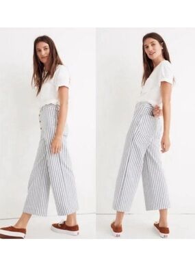 Madewell White & Navy Striped Wide-Crop Button-Front Pants